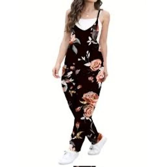 MSRP $49 NEW Oufeiya Black Floral Jumper w/pockets Size M ~ SAME DAY SHIP - Picture 1 of 7